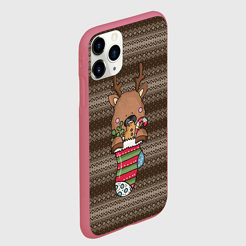Чехол iPhone 11 Pro матовый Олень в новогоднем носке / 3D-Малиновый – фото 2