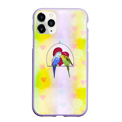 Чехол iPhone 11 Pro матовый Влюбленная пара волнистых попугайчиков, цвет: 3D-светло-сиреневый