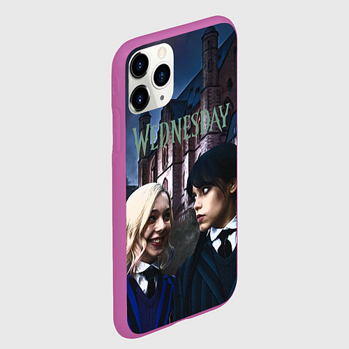 Чехол iPhone 11 Pro матовый Уэнсдей Аддамс, Энид Синклер на фоне замка / 3D-Фиолетовый – фото 2