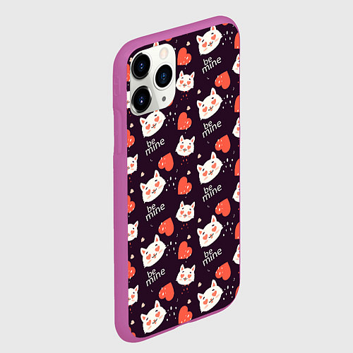 Чехол iPhone 11 Pro матовый Паттерн котика на темном фоне / 3D-Фиолетовый – фото 2