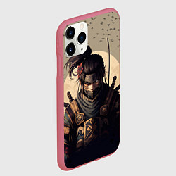 Чехол iPhone 11 Pro матовый Самурай на фоне птиц, цвет: 3D-малиновый — фото 2