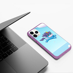 Чехол iPhone 11 Pro матовый Синий единорог в прыжке, цвет: 3D-фиолетовый — фото 2