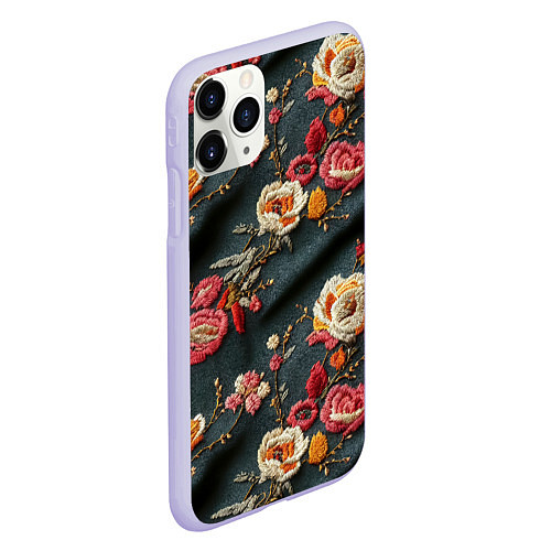 Чехол iPhone 11 Pro матовый Эффект вышивки разные цветы / 3D-Светло-сиреневый – фото 2