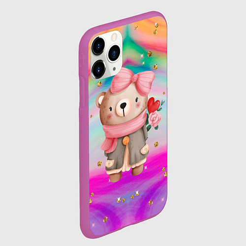 Чехол iPhone 11 Pro матовый Мишка с сердечком и цветком / 3D-Фиолетовый – фото 2