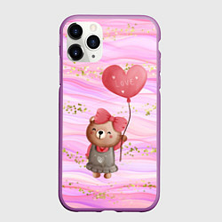 Чехол iPhone 11 Pro матовый Мишка с шариком Love, цвет: 3D-фиолетовый