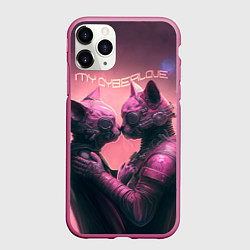 Чехол iPhone 11 Pro матовый Влюбленные кибер-котики, цвет: 3D-малиновый