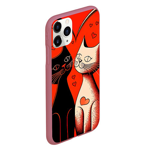 Чехол iPhone 11 Pro матовый Влюблённые кошки на красном фоне / 3D-Малиновый – фото 2