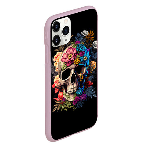 Чехол iPhone 11 Pro матовый Череп c растениями и цветами / 3D-Розовый – фото 2