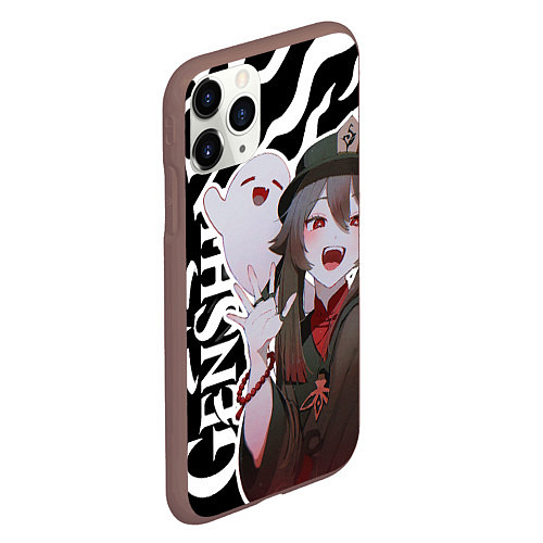 Чехол iPhone 11 Pro матовый Hu Tao - белые языки пламени / 3D-Коричневый – фото 2