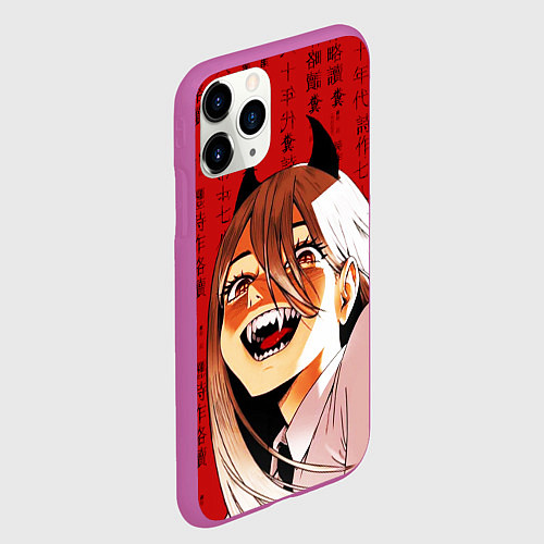 Чехол iPhone 11 Pro матовый Человек - бензопила Пауэр и иероглифы / 3D-Фиолетовый – фото 2