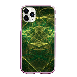 Чехол iPhone 11 Pro матовый Зелёно-жёлтый волнообразные линии во тьме, цвет: 3D-розовый
