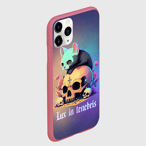 Чехол iPhone 11 Pro матовый Черный котенок на черепе мрачный неоновый фон / 3D-Малиновый – фото 2
