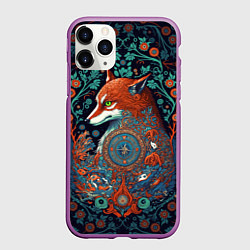 Чехол iPhone 11 Pro матовый Рыжая лиса с орнаментом, цвет: 3D-фиолетовый