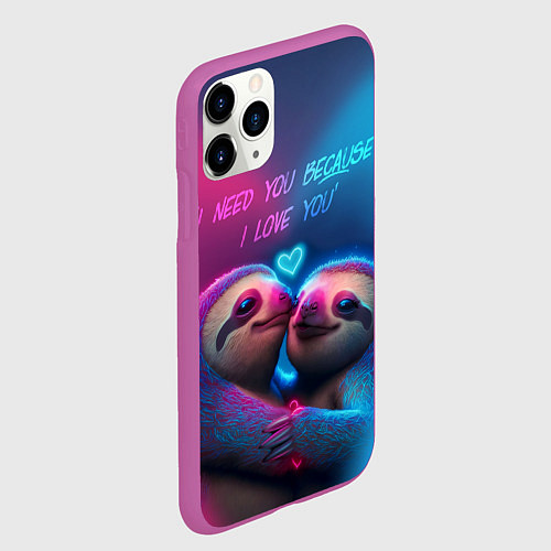 Чехол iPhone 11 Pro матовый Влюбленные ленивцы обнимаются на фоне неонового се / 3D-Фиолетовый – фото 2