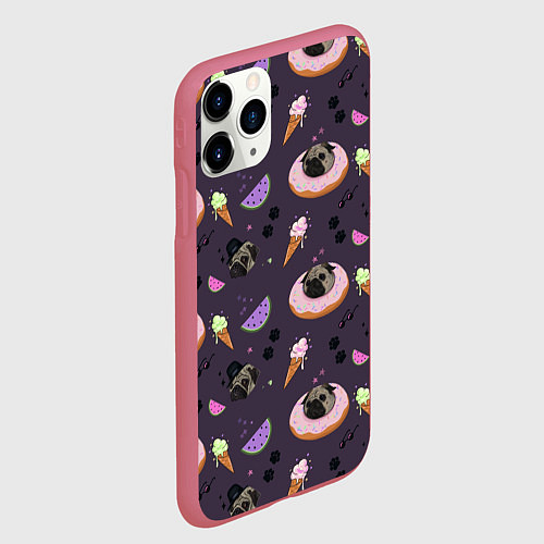 Чехол iPhone 11 Pro матовый Паттерн с мопсами и едой / 3D-Малиновый – фото 2