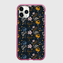 Чехол iPhone 11 Pro матовый Растительный паттерн с котиками, цвет: 3D-малиновый