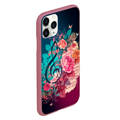 Чехол iPhone 11 Pro матовый Цветы и музыкальная нота / 3D-Малиновый – фото 2