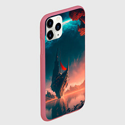 Чехол iPhone 11 Pro матовый Абстрактный летающий корабль и луна, цвет: 3D-малиновый — фото 2