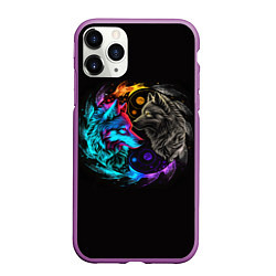 Чехол iPhone 11 Pro матовый Инь-янь волки неон, цвет: 3D-фиолетовый