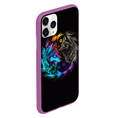 Чехол iPhone 11 Pro матовый Инь-янь волки неон / 3D-Фиолетовый – фото 2