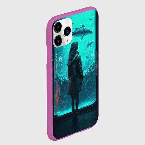 Чехол iPhone 11 Pro матовый Девушка и аквариум / 3D-Фиолетовый – фото 2