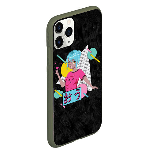 Чехол iPhone 11 Pro матовый Веселая и приветливая аниме девушка с голубыми вол / 3D-Темно-зеленый – фото 2