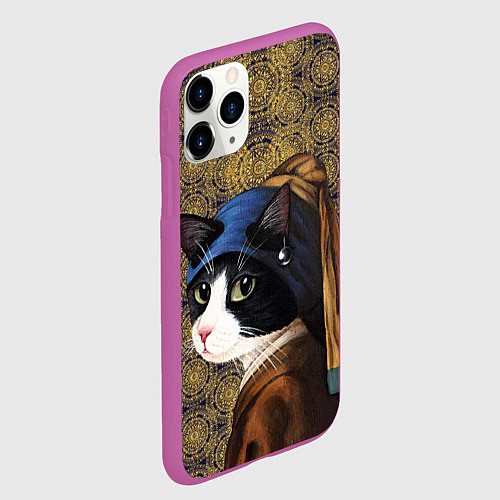 Чехол iPhone 11 Pro матовый Кошечка с жемчужной сережкой Ян Вермеер пародия / 3D-Фиолетовый – фото 2