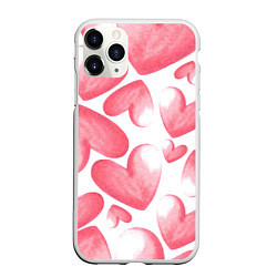 Чехол iPhone 11 Pro матовый Розовые акварельные сердца - паттерн, цвет: 3D-белый