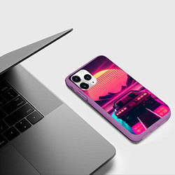 Чехол iPhone 11 Pro матовый Синтвейв закат и автомобиль, цвет: 3D-фиолетовый — фото 2