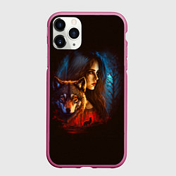Чехол iPhone 11 Pro матовый Волк и девушка, цвет: 3D-малиновый