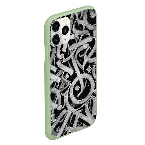 Чехол iPhone 11 Pro матовый Черно-белая каллиграфия / 3D-Салатовый – фото 2