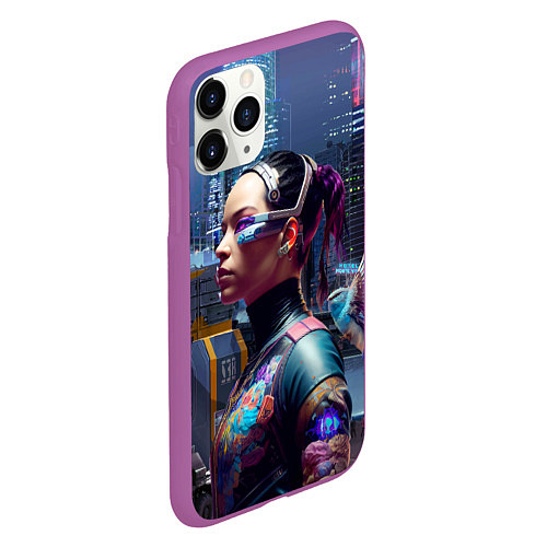 Чехол iPhone 11 Pro матовый Cyberpunk - brave girl - neural network / 3D-Фиолетовый – фото 2