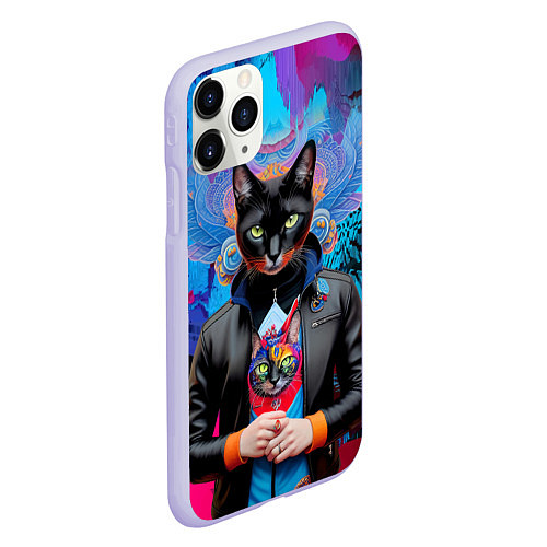 Чехол iPhone 11 Pro матовый Чёрная модница кошка - нейросеть / 3D-Светло-сиреневый – фото 2