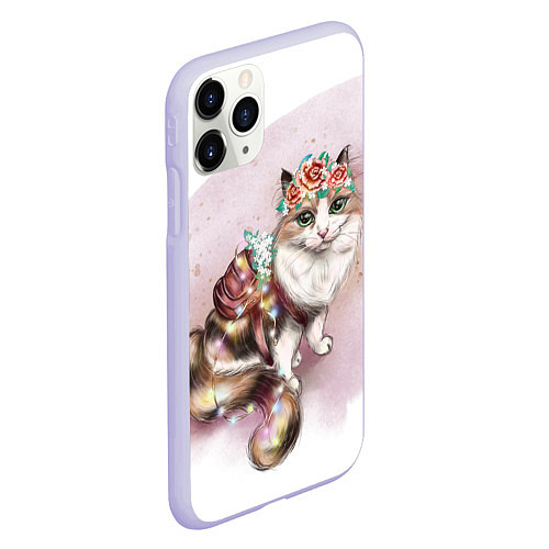 Чехол iPhone 11 Pro матовый Милая кошечка с цветами / 3D-Светло-сиреневый – фото 2