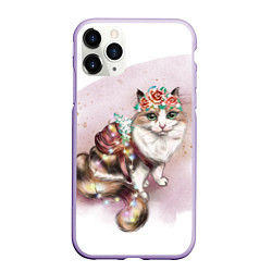 Чехол iPhone 11 Pro матовый Милая кошечка с цветами, цвет: 3D-светло-сиреневый