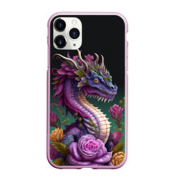 Чехол iPhone 11 Pro матовый Неоновый дракон с цветами, цвет: 3D-розовый
