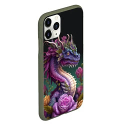 Чехол iPhone 11 Pro матовый Неоновый дракон с цветами, цвет: 3D-темно-зеленый — фото 2