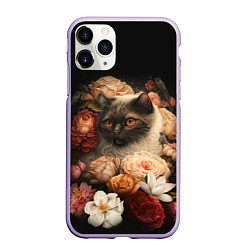Чехол iPhone 11 Pro матовый Милый котик окружённый цветами, цвет: 3D-светло-сиреневый