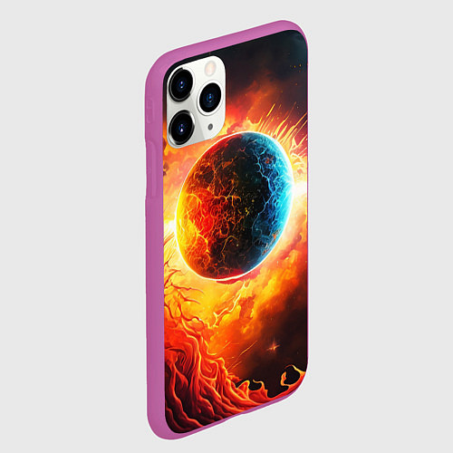 Чехол iPhone 11 Pro матовый Планета в огненном космосе / 3D-Фиолетовый – фото 2