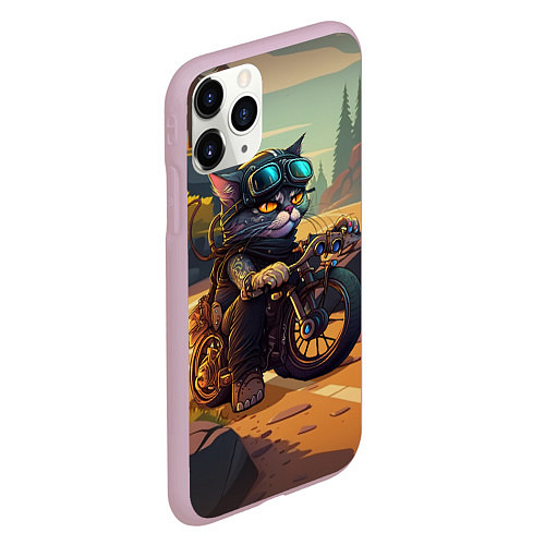 Чехол iPhone 11 Pro матовый Кот на мотоцикле - байкер / 3D-Розовый – фото 2