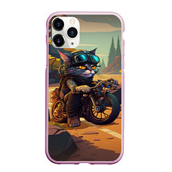 Чехол iPhone 11 Pro матовый Кот на мотоцикле - байкер, цвет: 3D-розовый