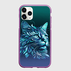 Чехол iPhone 11 Pro матовый Неоновый кот: фиолетовые и бирюзовые линии, цвет: 3D-фиолетовый