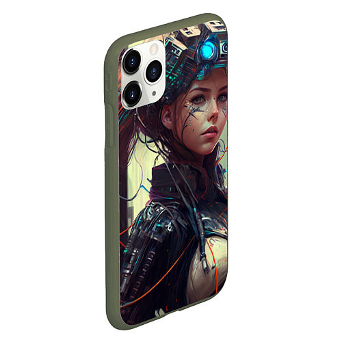 Чехол iPhone 11 Pro матовый Девушка-киберпанк из нейросети / 3D-Темно-зеленый – фото 2