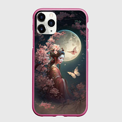 Чехол iPhone 11 Pro матовый Девушка в сакуре под луной, цвет: 3D-малиновый