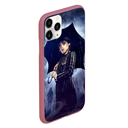 Чехол iPhone 11 Pro матовый Уэнсдей Аддамс с зонтом / 3D-Малиновый – фото 2
