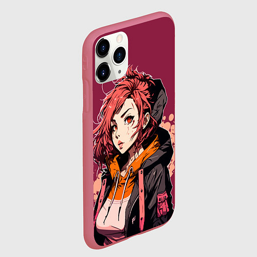 Чехол iPhone 11 Pro матовый Девушка-аниме с рыжими волосами / 3D-Малиновый – фото 2