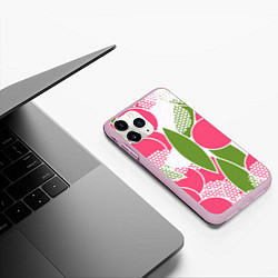 Чехол iPhone 11 Pro матовый Абстракция круги и зеленый лист, цвет: 3D-розовый — фото 2