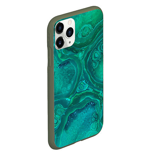 Чехол iPhone 11 Pro матовый Абстракция, сине-зеленая текстура малахита / 3D-Темно-зеленый – фото 2