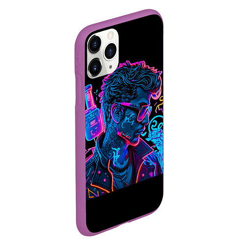 Чехол iPhone 11 Pro матовый Парень в неоновых очках / 3D-Фиолетовый – фото 2