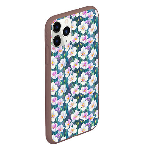 Чехол iPhone 11 Pro матовый Ирисы акварельный паттерн / 3D-Коричневый – фото 2